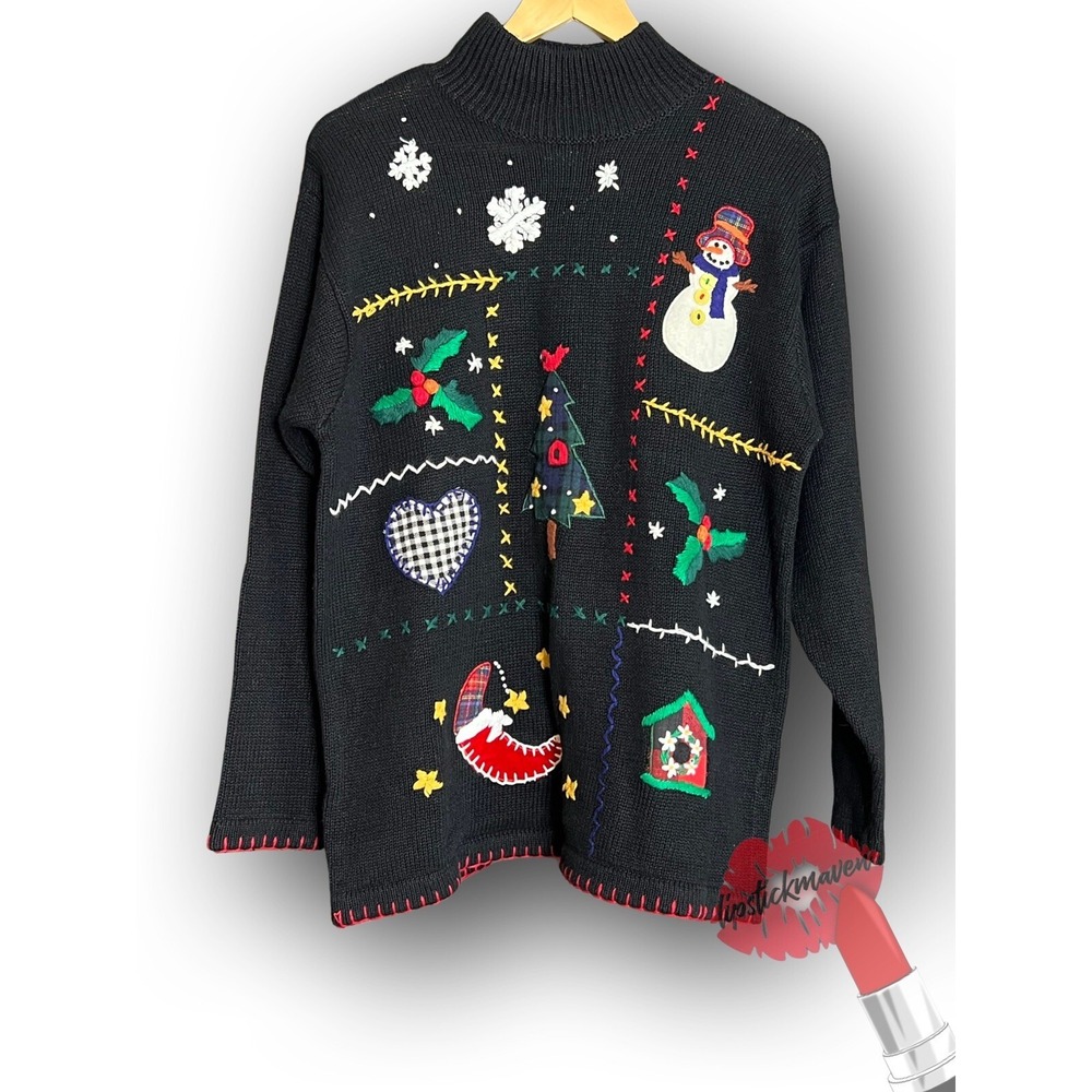 Victoria Jones Christmas Sweater‎ Women Petite Large Black Embroidered Holiday